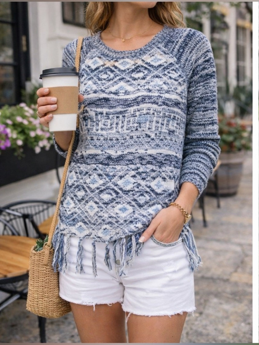 Anthropologie Blue Gray Boho Fringe Sweater Lightweight Spring Top Sz M